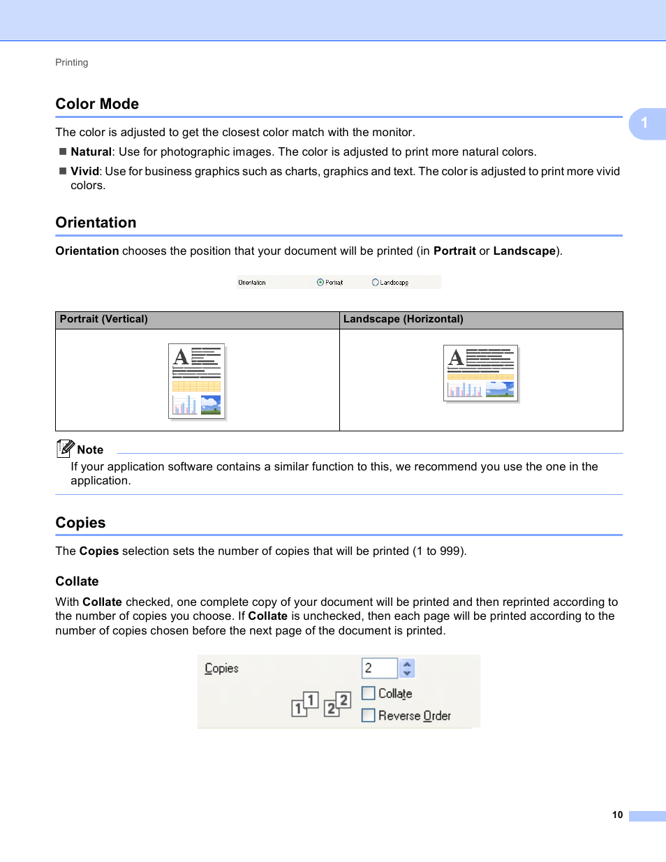 Color mode, Orientation, Copies | Collate, Color mode orientation copies, 1color mode | Brother DCP-J140W User Manual | Page 17 / 166