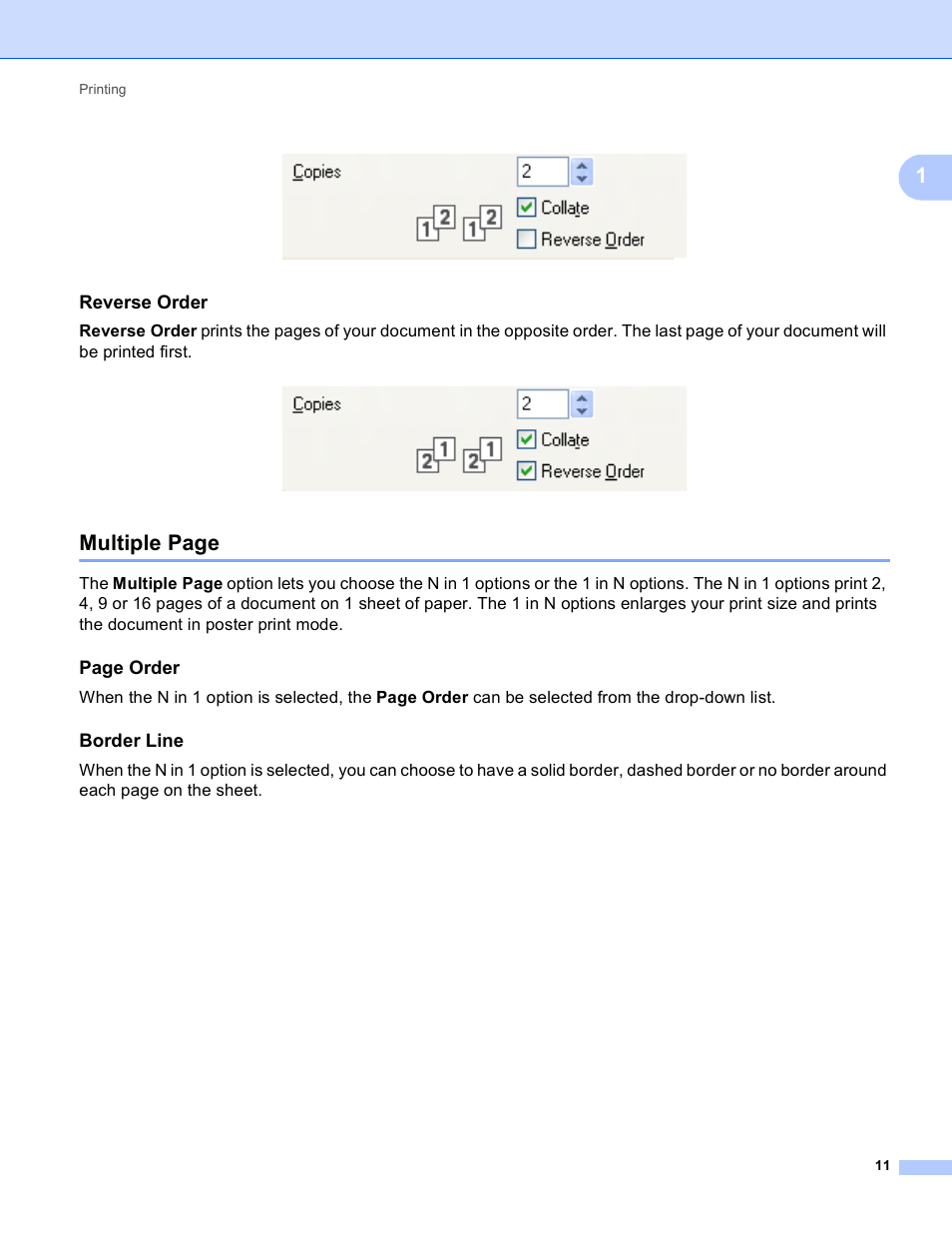 Reverse order, Border line, Multiple page | Page order | Brother DCP-J140W User Manual | Page 18 / 166