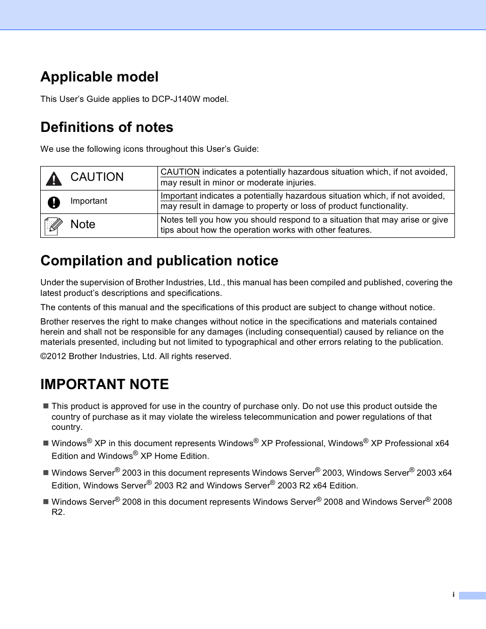 Applicable model, Definitions of notes, Compilation and publication notice | Important note, Caution | Brother DCP-J140W User Manual | Page 2 / 166