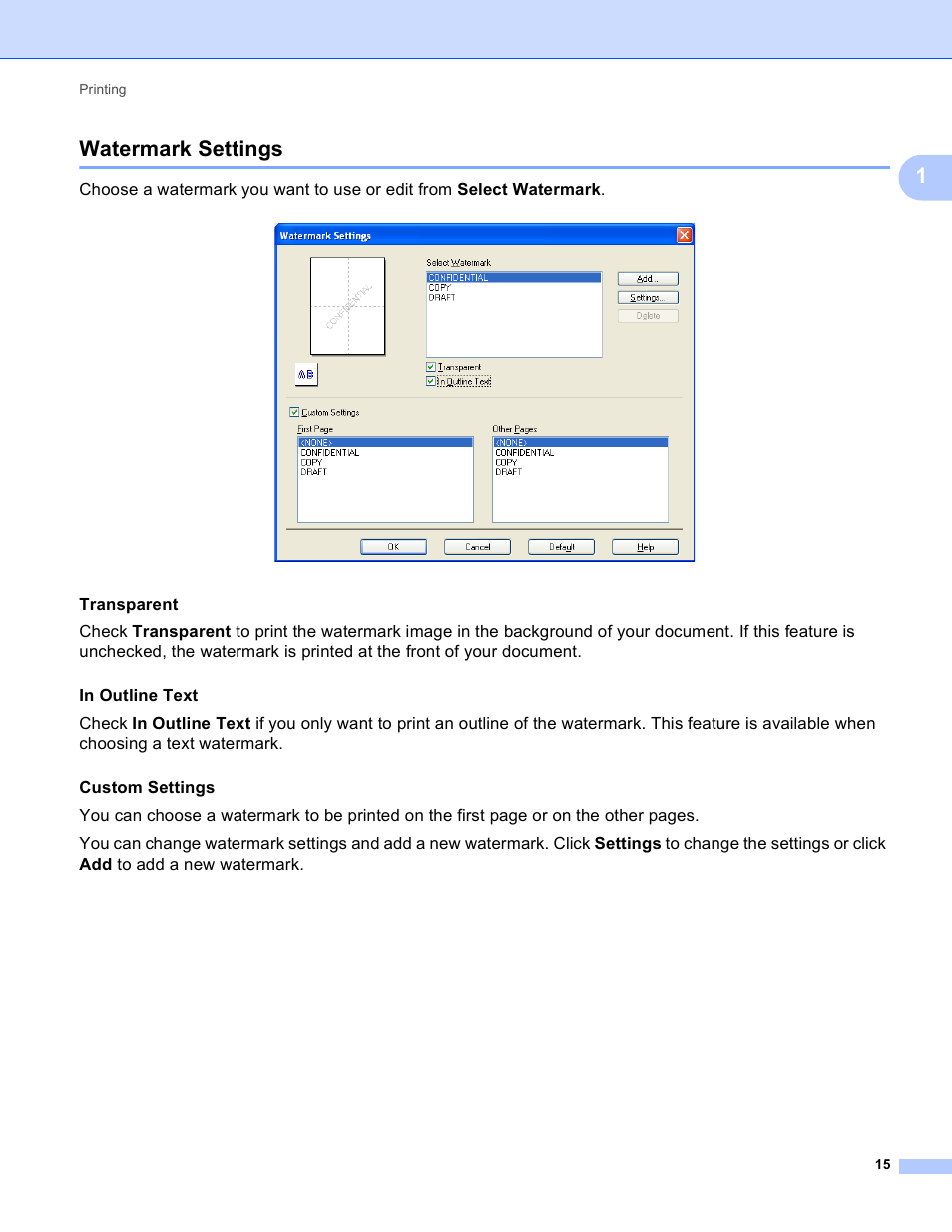 Watermark settings, 1watermark settings, Transparent | Brother DCP-J140W User Manual | Page 22 / 166