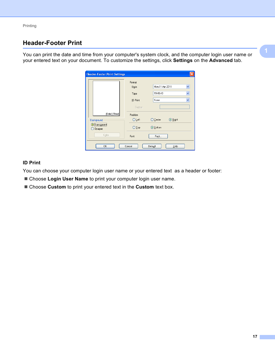 Header-footer print, 1header-footer print | Brother DCP-J140W User Manual | Page 24 / 166