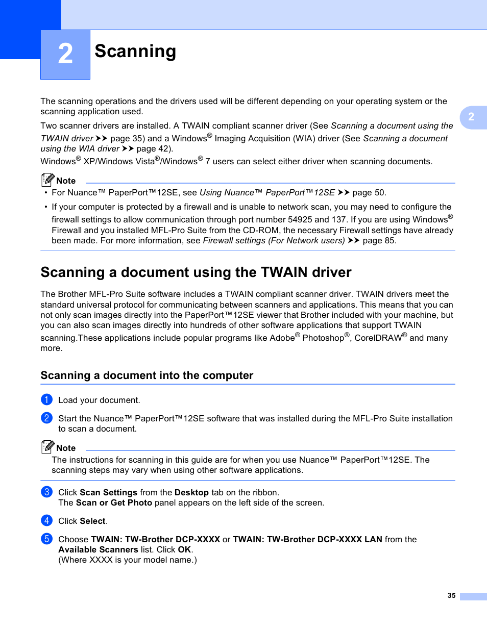 2 scanning, Scanning a document using the twain driver, Scanning a document into the computer | Scanning | Brother DCP-J140W User Manual | Page 42 / 166