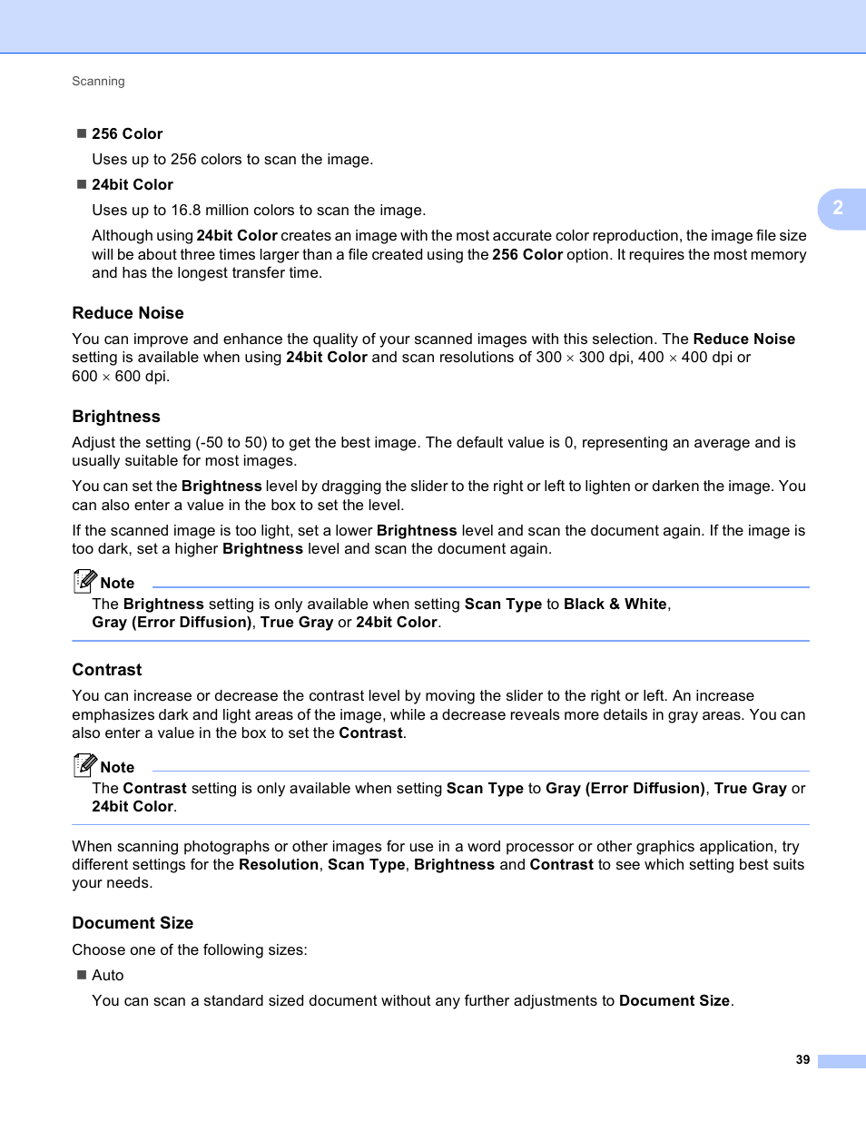 Reduce noise, Brightness, Contrast | Document size | Brother DCP-J140W User Manual | Page 46 / 166