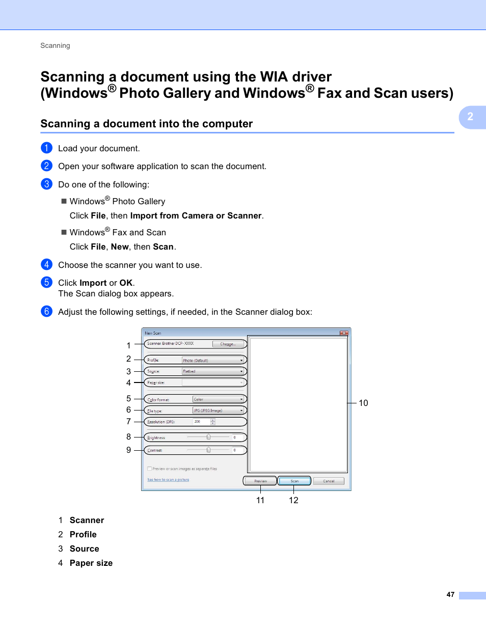 Scanning a document into the computer, Scanning a document using the wia driver, Windows | Photo gallery and windows, Fax and scan users), Scanning a document using the wia driver (windows | Brother DCP-J140W User Manual | Page 54 / 166