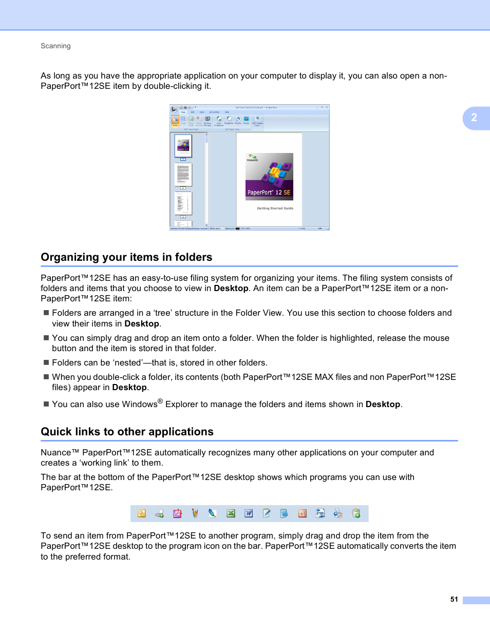 Organizing your items in folders, Quick links to other applications | Brother DCP-J140W User Manual | Page 58 / 166