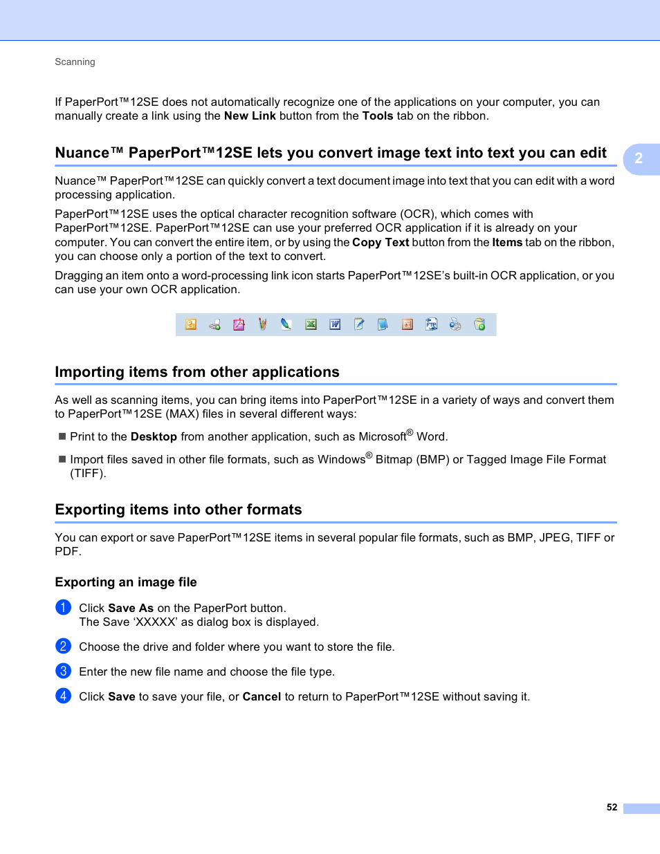 Importing items from other applications, Exporting items into other formats, Exporting an image file | Brother DCP-J140W User Manual | Page 59 / 166