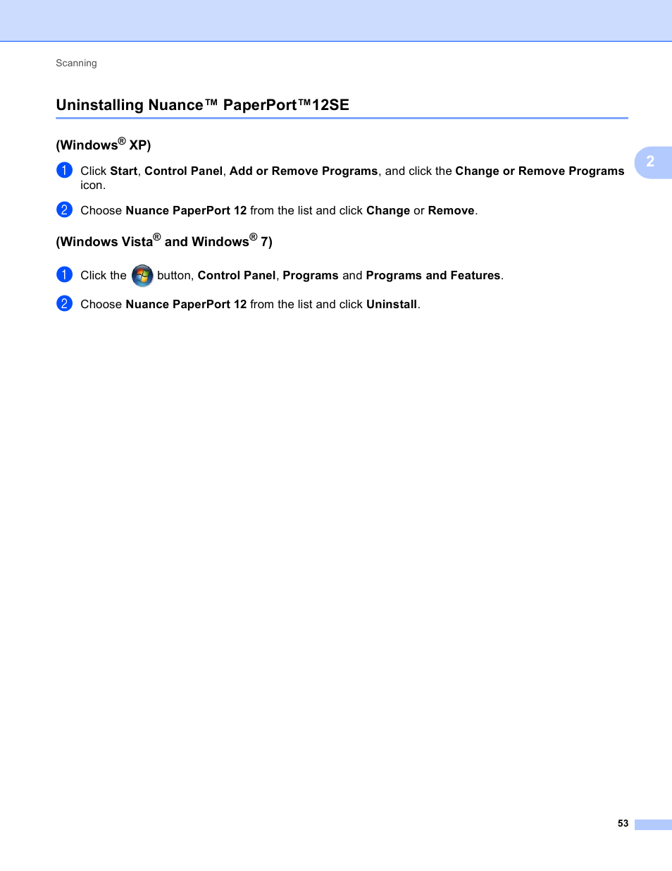 Uninstalling nuance™ paperport™12se, Windows® xp), Windows vista® and windows® 7) | 2uninstalling nuance™ paperport™12se | Brother DCP-J140W User Manual | Page 60 / 166