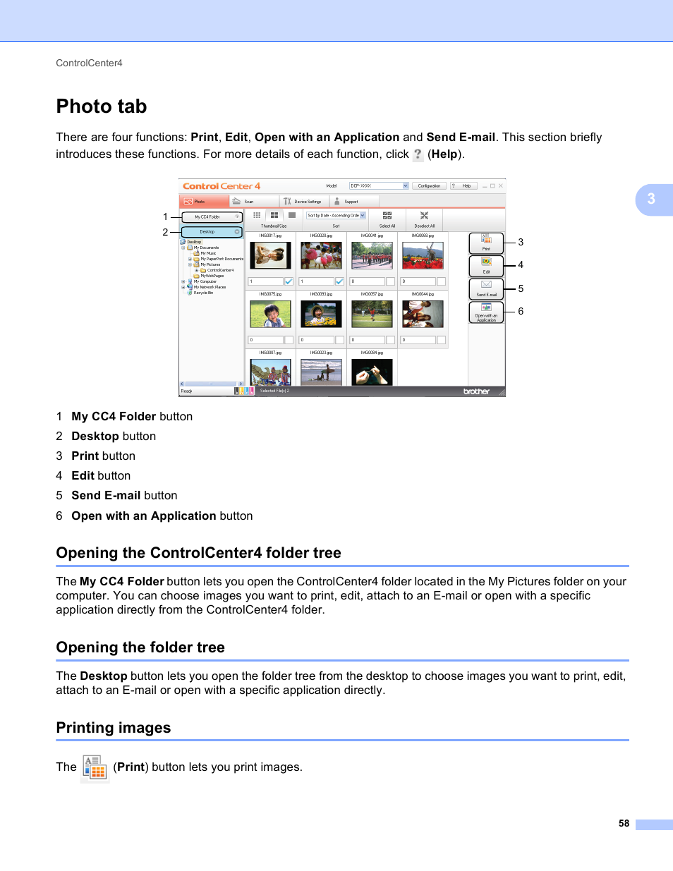 Photo tab, Opening the controlcenter4 folder tree, Opening the folder tree | Printing images | Brother DCP-J140W User Manual | Page 65 / 166