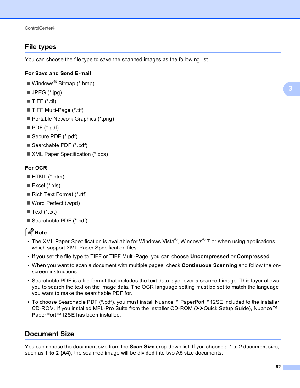 File types, Document size, File types document size | 3file types | Brother DCP-J140W User Manual | Page 69 / 166