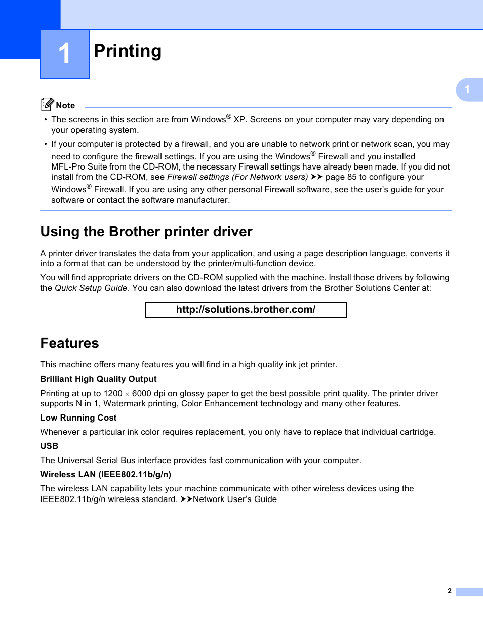 1 printing, Using the brother printer driver, Features | Printing, Using the brother printer driver features | Brother DCP-J140W User Manual | Page 9 / 166