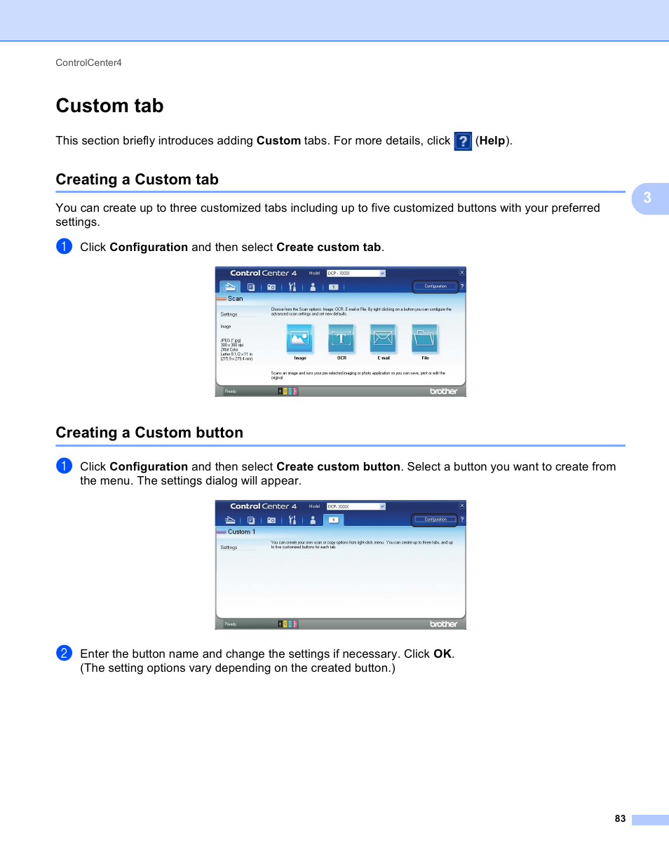Custom tab, Creating a custom tab, Creating a custom button | Creating a custom tab creating a custom button | Brother DCP-J140W User Manual | Page 90 / 166