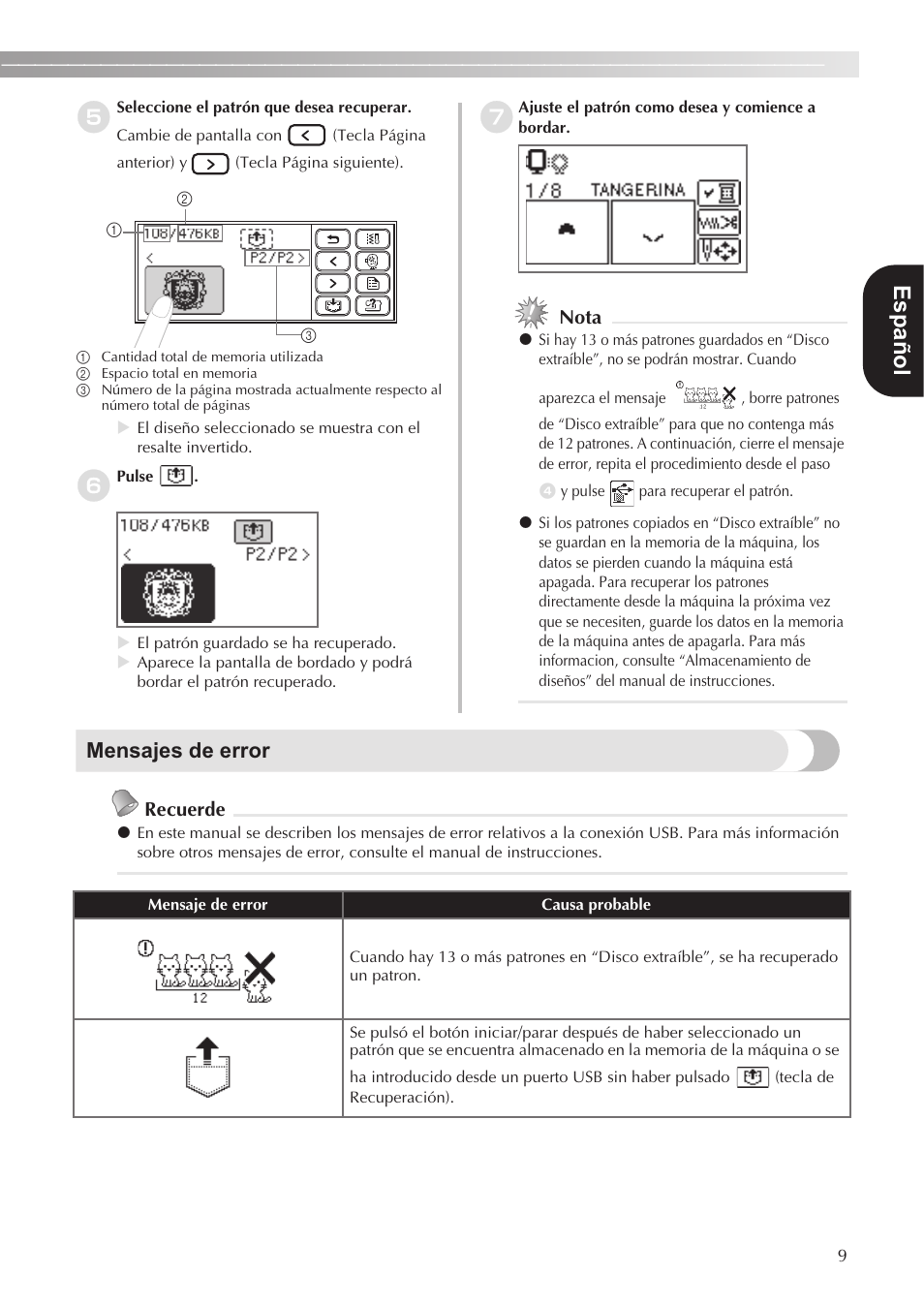 Español, Mensajes de error, Nota | Recuerde | Brother SE-400 User Manual | Page 11 / 16