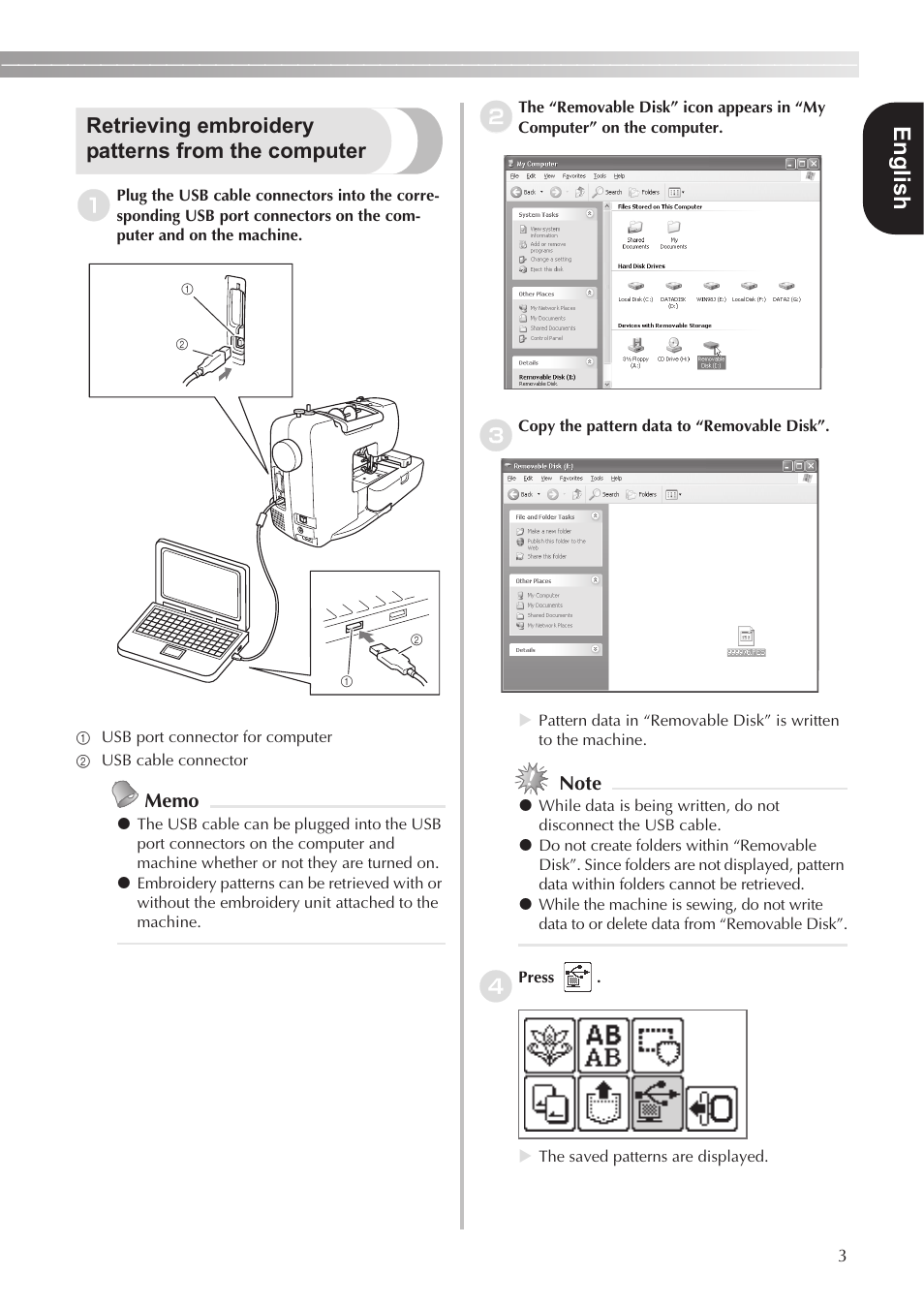 English, Retrieving embroidery patterns from the computer | Brother SE-400 User Manual | Page 5 / 16