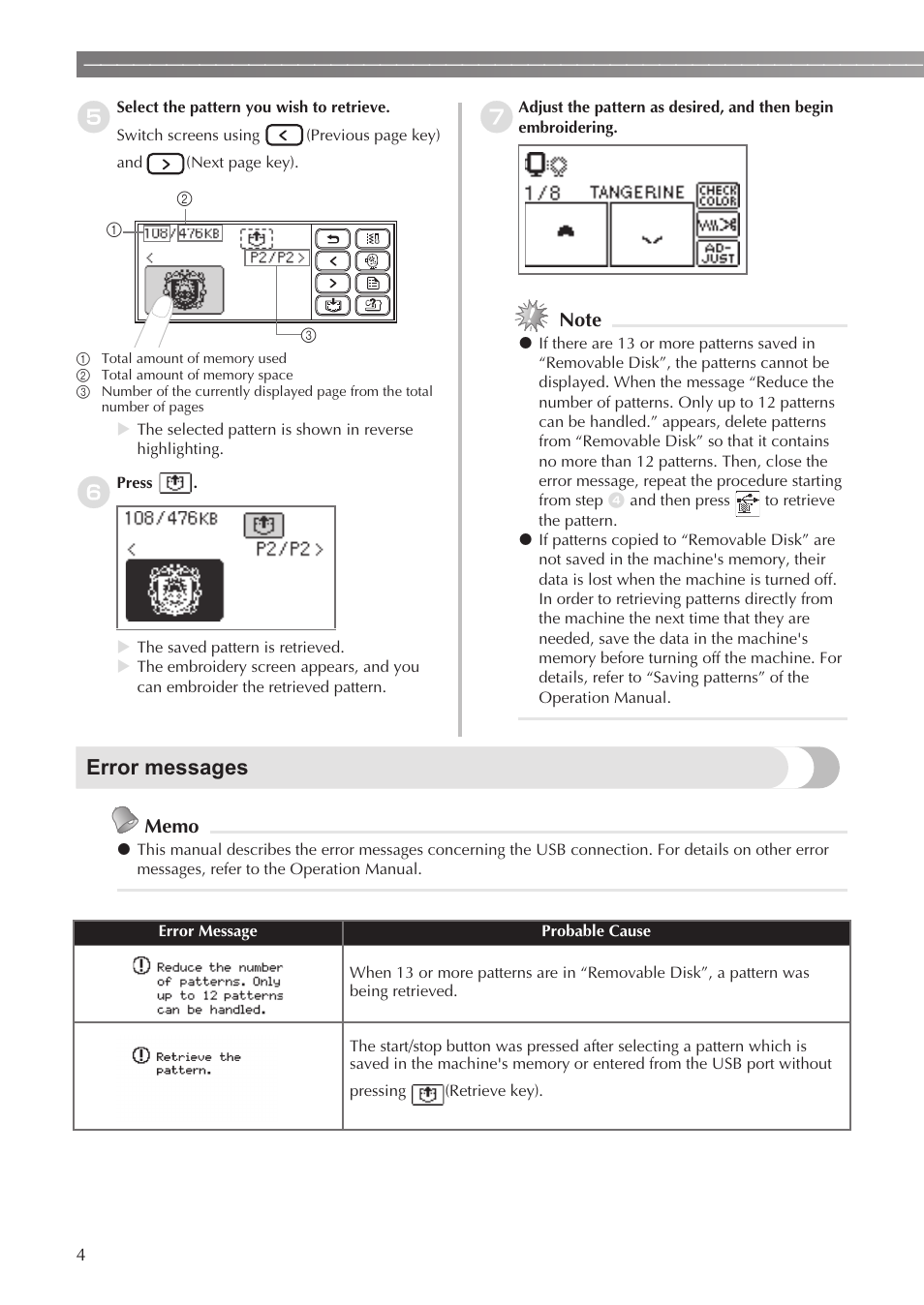 Error messages | Brother SE-400 User Manual | Page 6 / 16