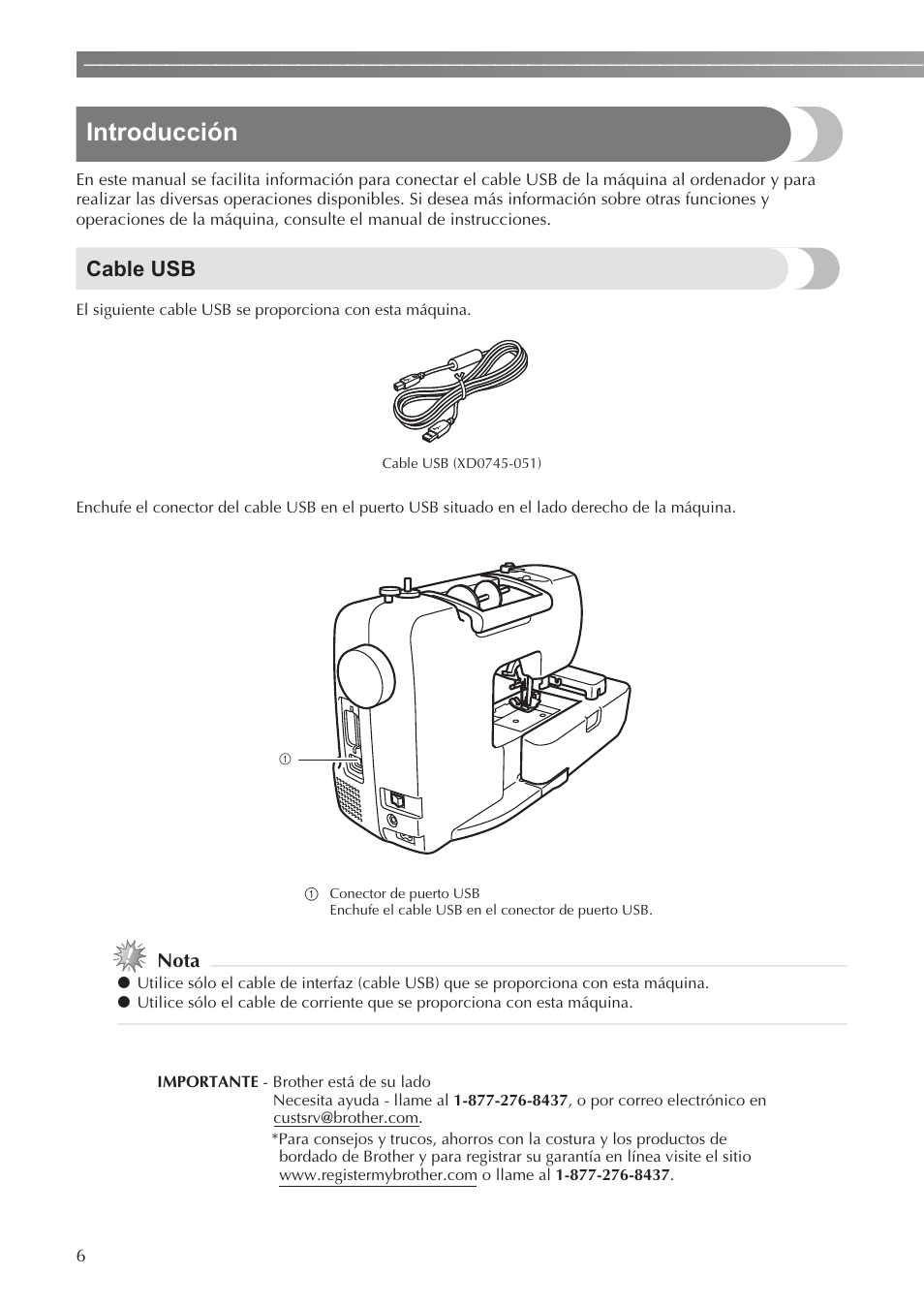 Introducción, Cable usb | Brother SE-400 User Manual | Page 8 / 16