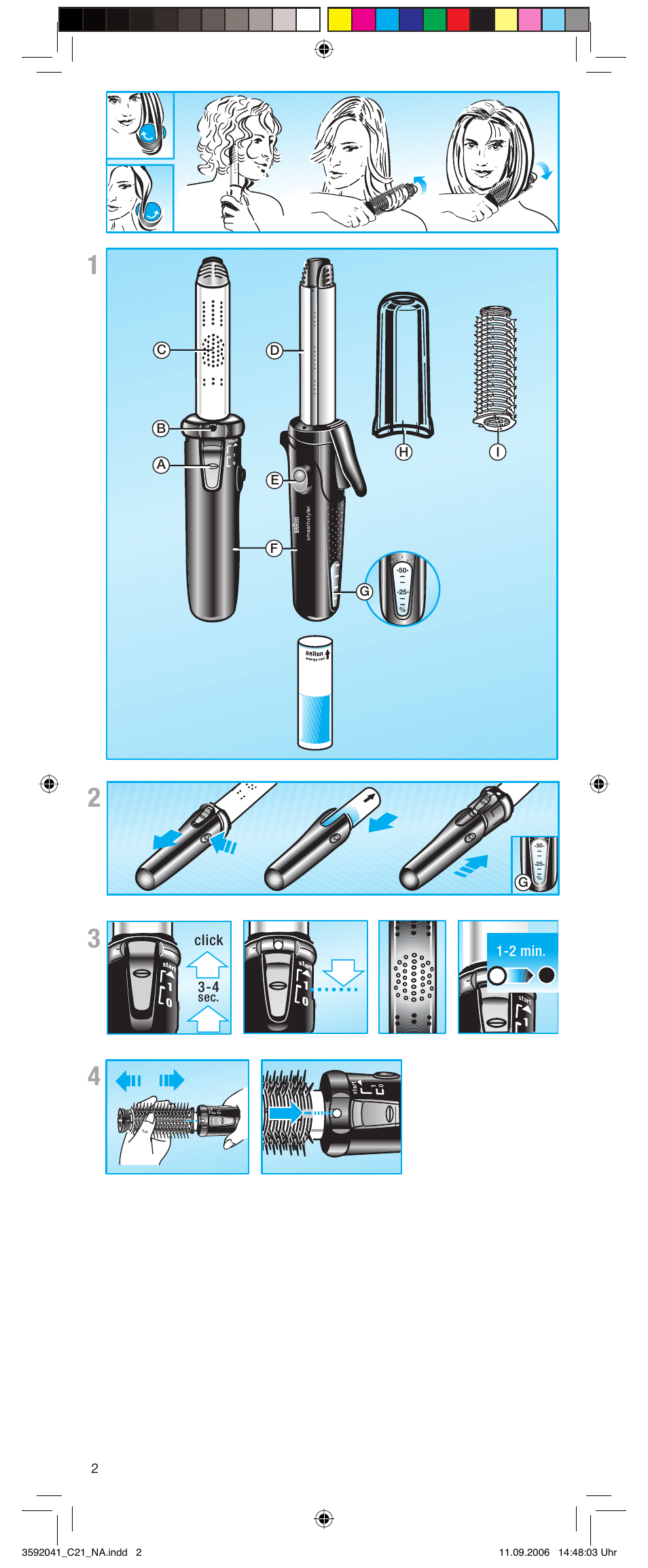 Click 1-2 min, De h i, Ga b c | Braun C21 smoothstyler cordless User Manual | Page 2 / 8
