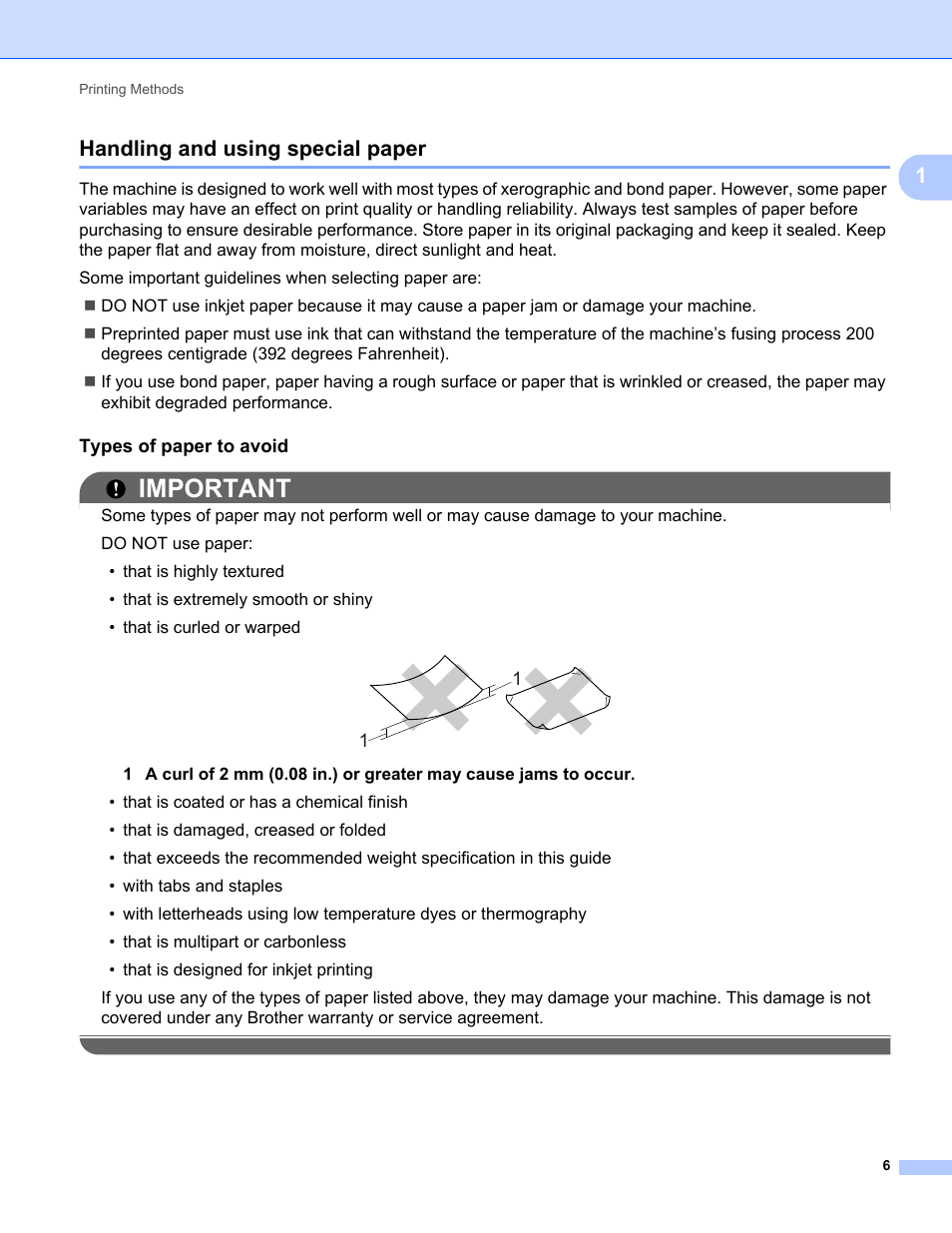 Handling and using special paper, Types of paper to avoid, Important | 1handling and using special paper | Brother HL 2270DW User Manual | Page 10 / 150