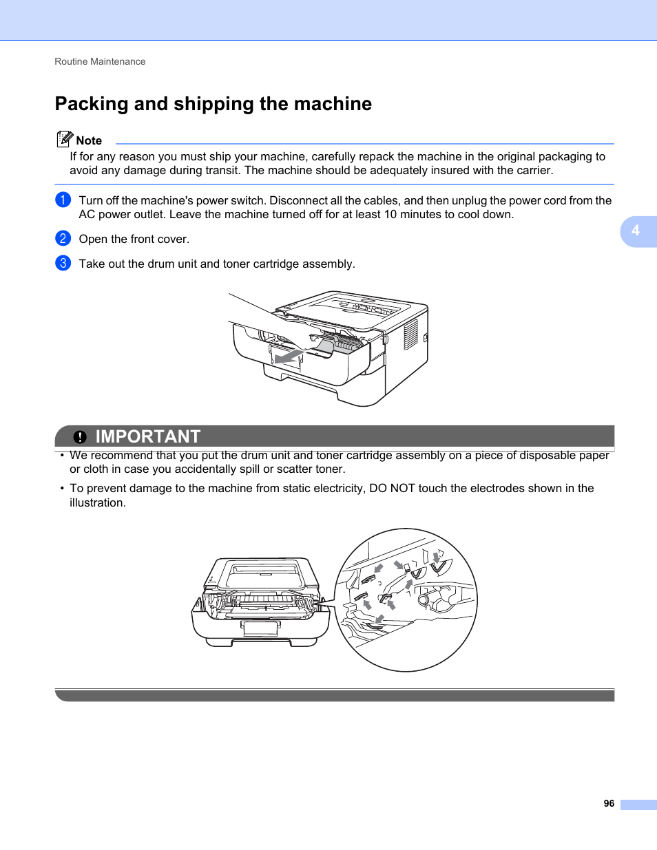 Packing and shipping the machine, Important | Brother HL 2270DW User Manual | Page 100 / 150