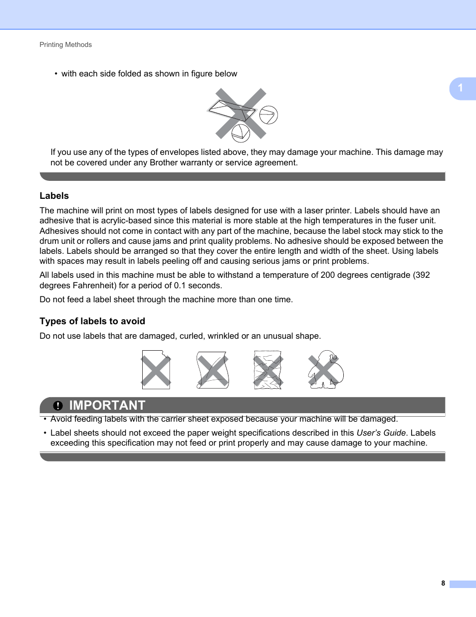 Labels, Types of labels to avoid, Important | With each side folded as shown in figure below | Brother HL 2270DW User Manual | Page 12 / 150