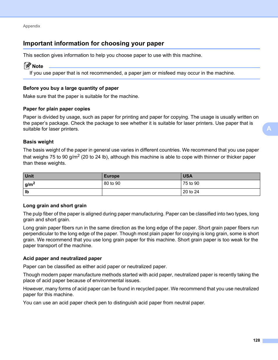 Important information for choosing your paper, Aimportant information for choosing your paper | Brother HL 2270DW User Manual | Page 132 / 150