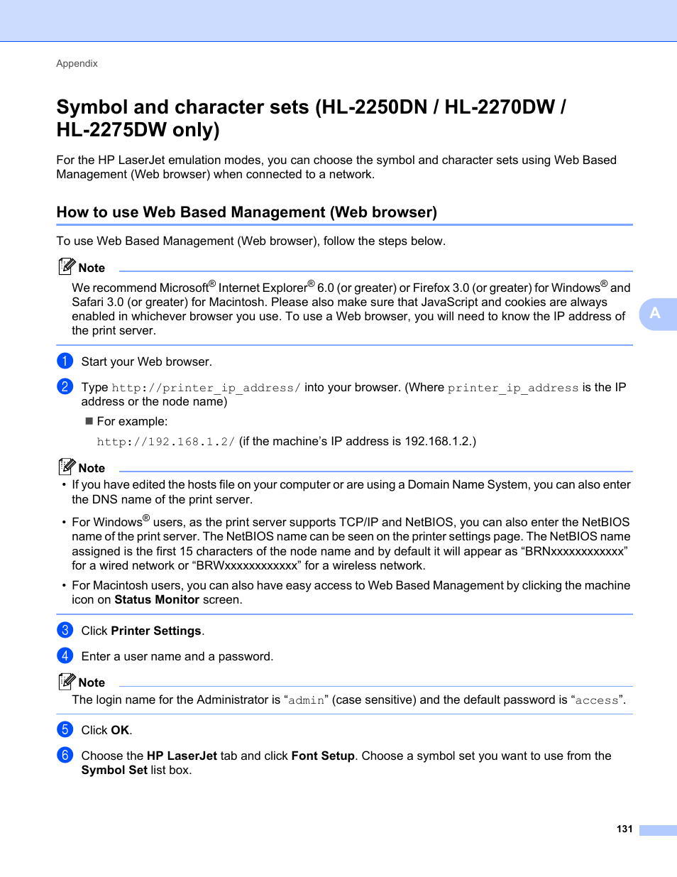 How to use web based management (web browser) | Brother HL 2270DW User Manual | Page 135 / 150