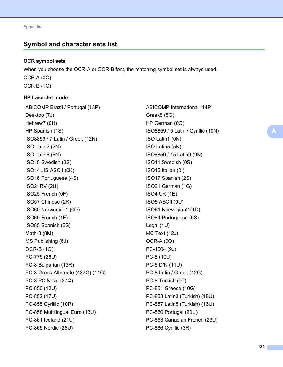 Symbol and character sets list, Asymbol and character sets list | Brother HL 2270DW User Manual | Page 136 / 150