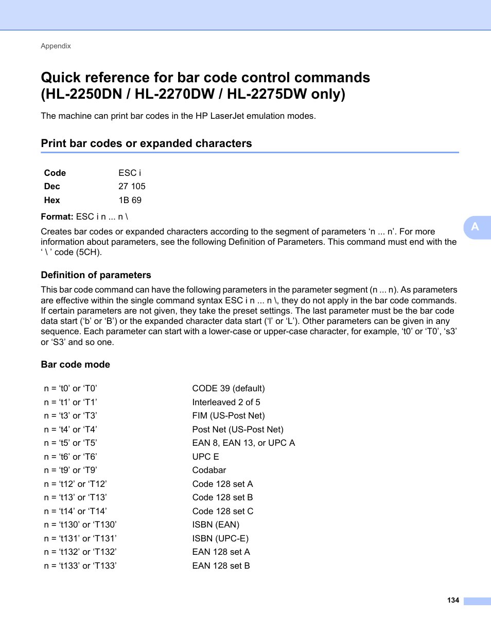 Print bar codes or expanded characters, Definition of parameters, Bar code mode | Brother HL 2270DW User Manual | Page 138 / 150