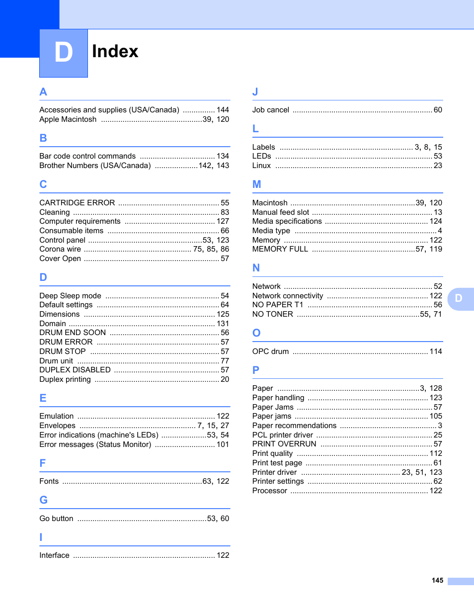 Index | Brother HL 2270DW User Manual | Page 149 / 150