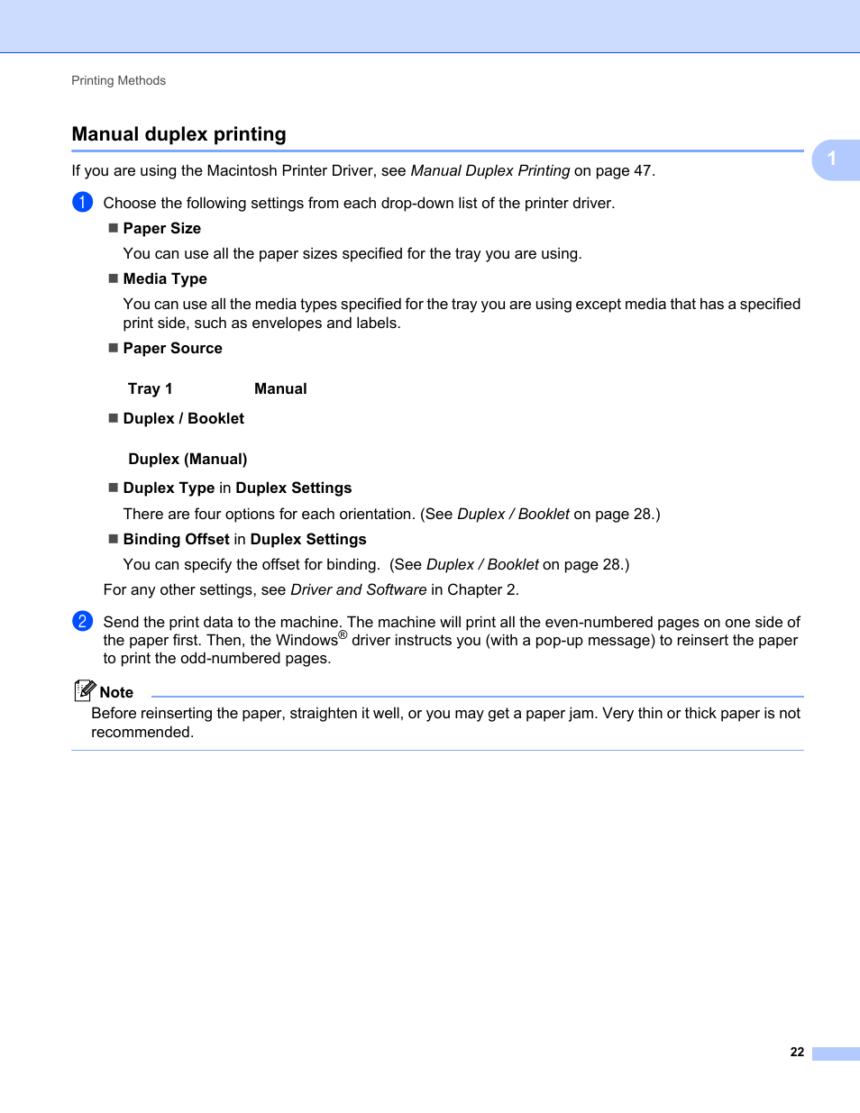 Manual duplex printing, 1manual duplex printing | Brother HL 2270DW User Manual | Page 26 / 150