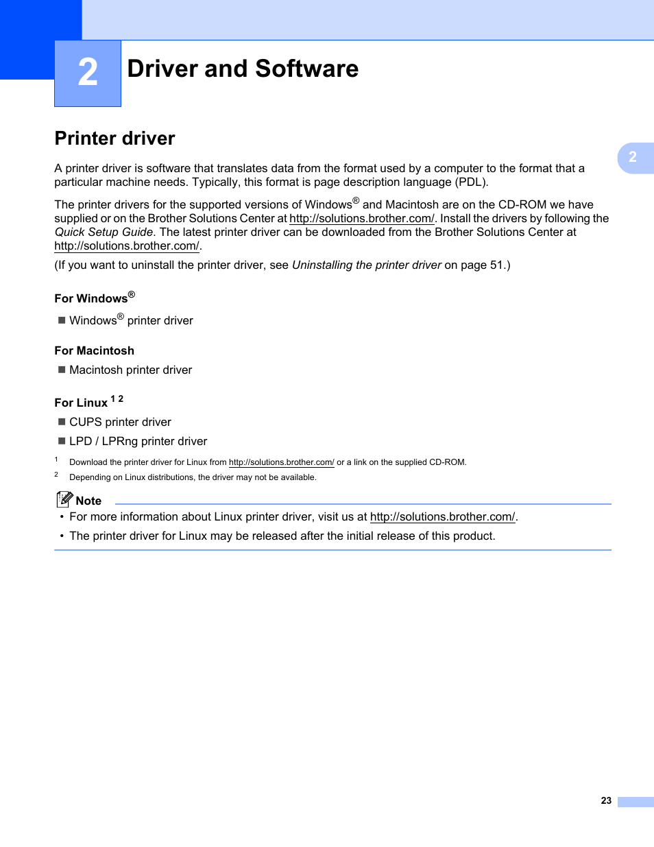 2 driver and software, Printer driver, Driver and software | S, see driver and software in chapter 2 | Brother HL 2270DW User Manual | Page 27 / 150