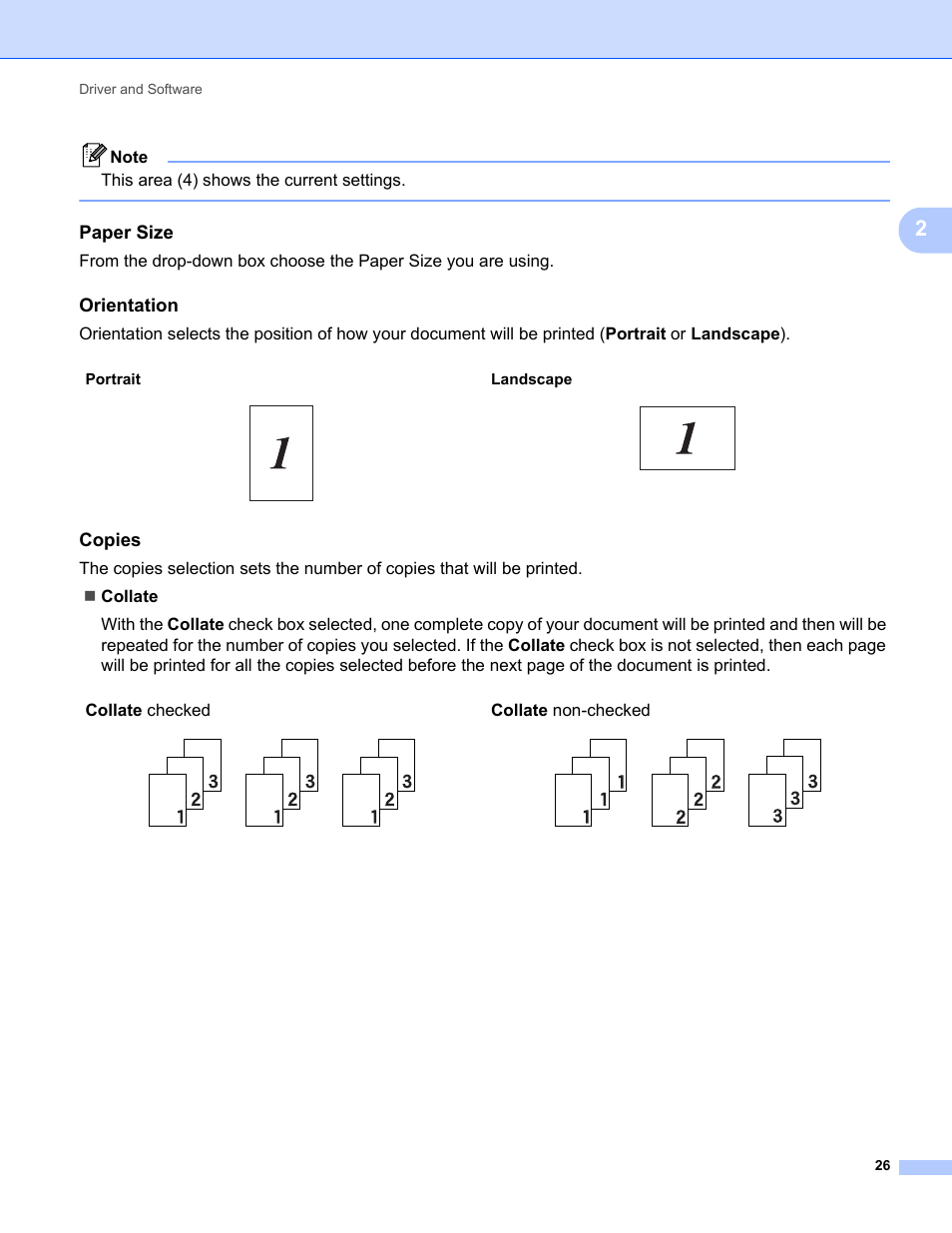 Paper size, Orientation, Copies | Collate checked, Collate non-checked | Brother HL 2270DW User Manual | Page 30 / 150