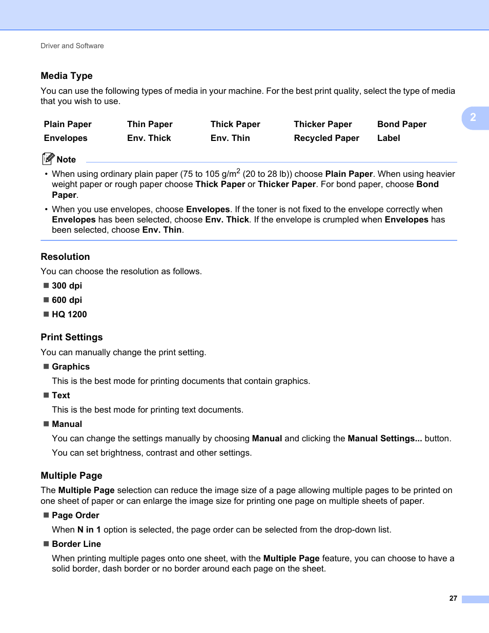 Media type, Resolution, Print settings | Brother HL 2270DW User Manual | Page 31 / 150