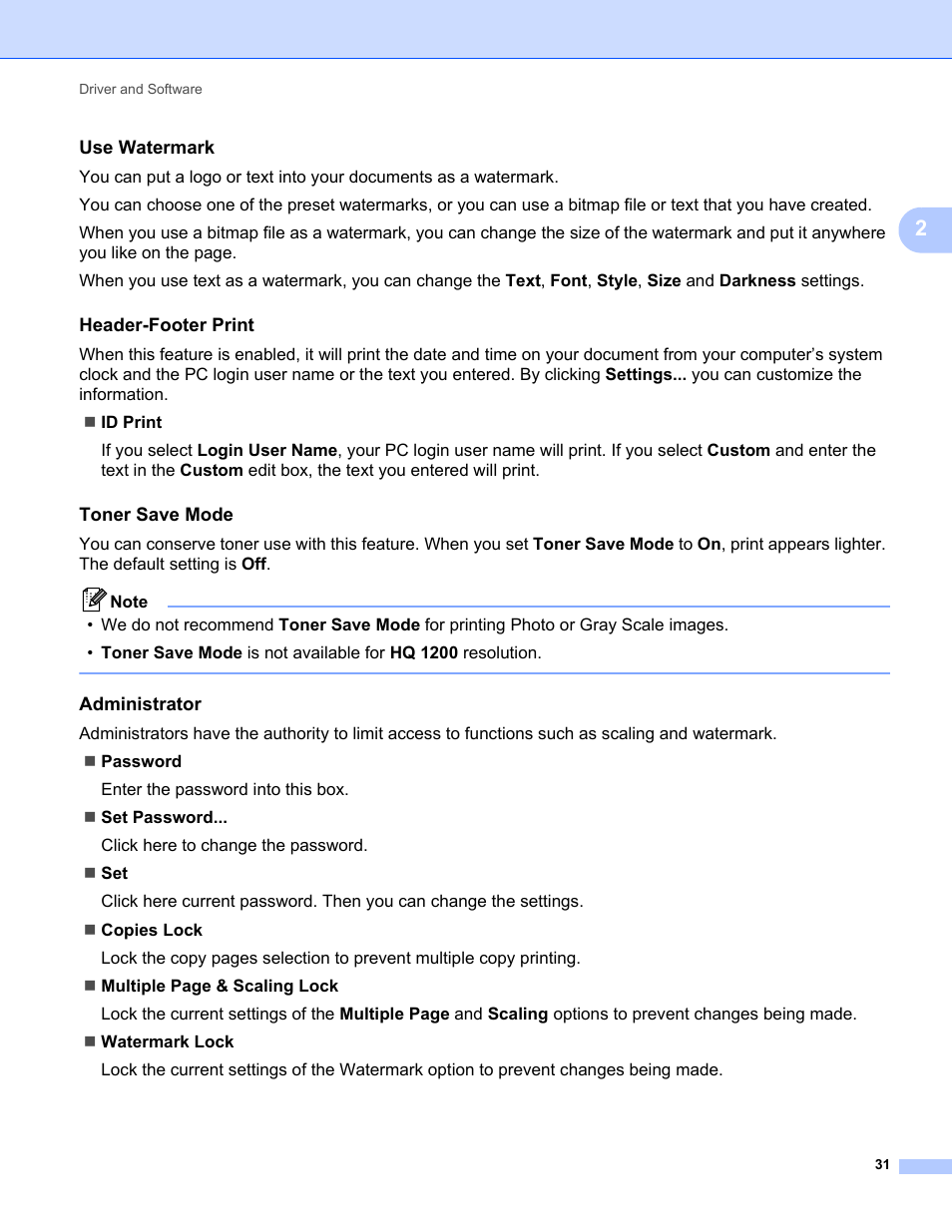 Use watermark, Header-footer print, Toner save mode | Administrator | Brother HL 2270DW User Manual | Page 35 / 150