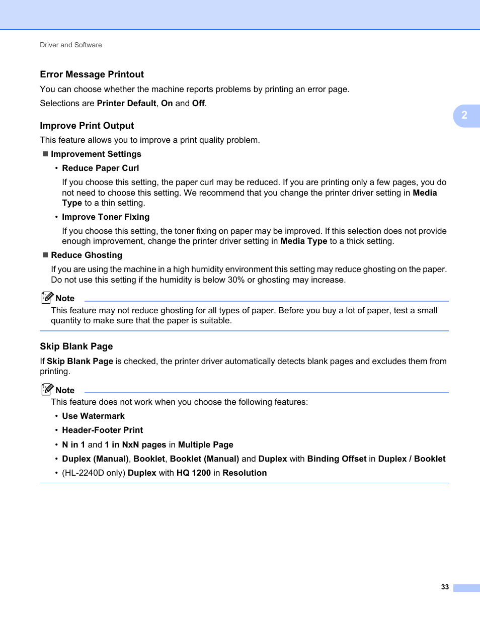 Error message printout, Improve print output, Skip blank page | Brother HL 2270DW User Manual | Page 37 / 150