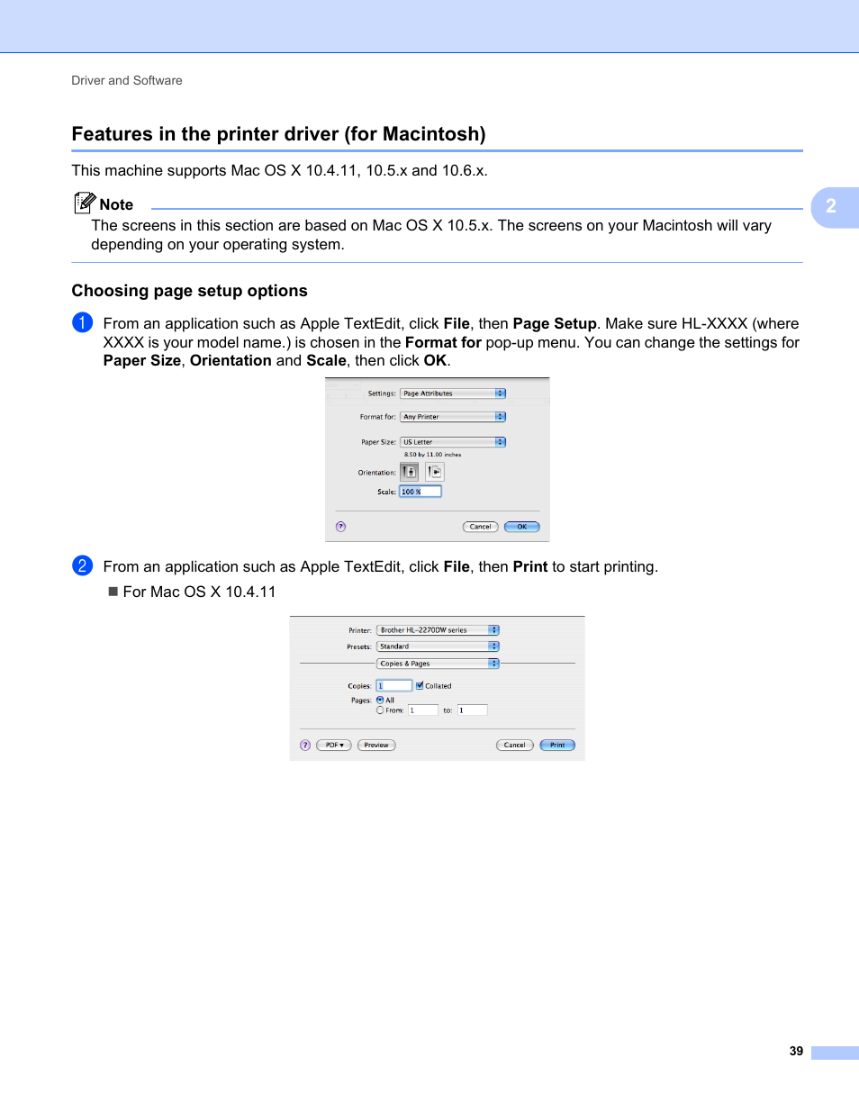 Features in the printer driver (for macintosh), 2features in the printer driver (for macintosh), Choosing page setup options | Brother HL 2270DW User Manual | Page 43 / 150