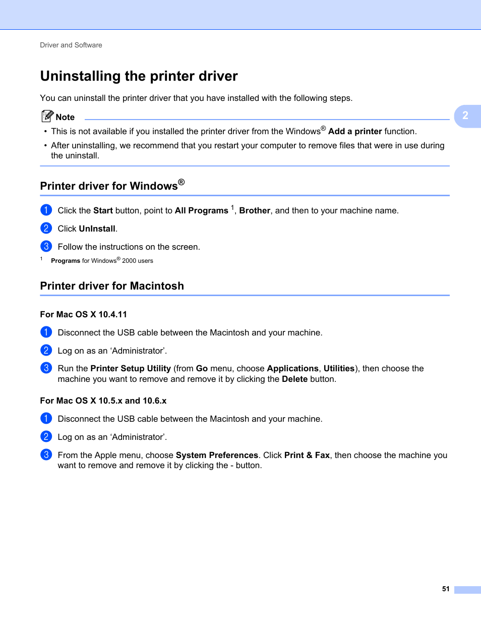 Uninstalling the printer driver, Printer driver for windows, Printer driver for macintosh | Brother HL 2270DW User Manual | Page 55 / 150