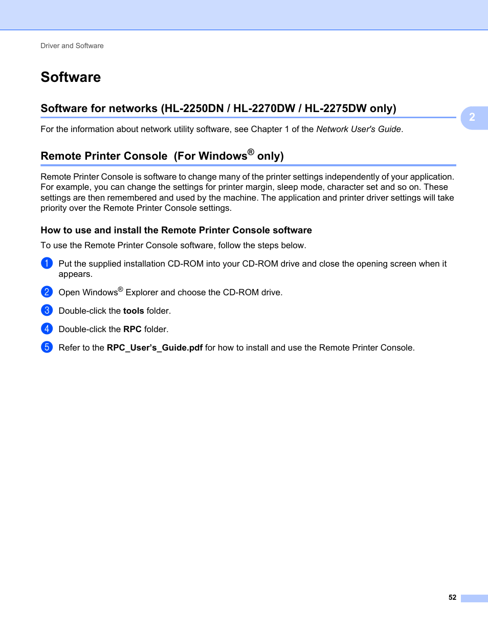 Software, Remote printer console (for windows® only), Only) | Remote printer console (for windows | Brother HL 2270DW User Manual | Page 56 / 150