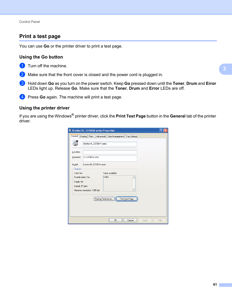 Using the go button, Using the printer driver, 3print a test page | Brother HL 2270DW User Manual | Page 65 / 150