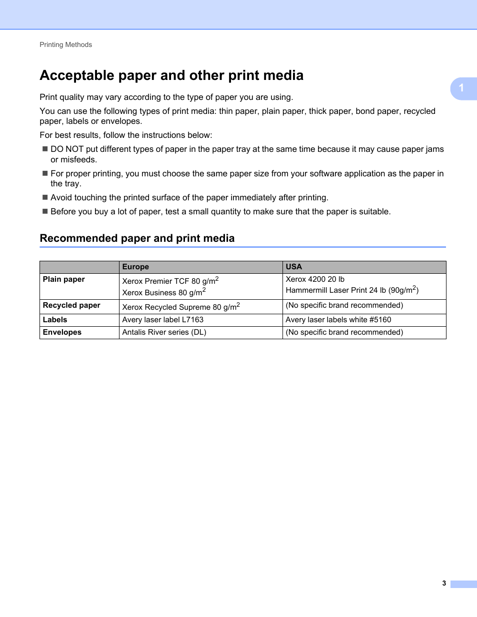 Acceptable paper and other print media, Recommended paper and print media | Brother HL 2270DW User Manual | Page 7 / 150