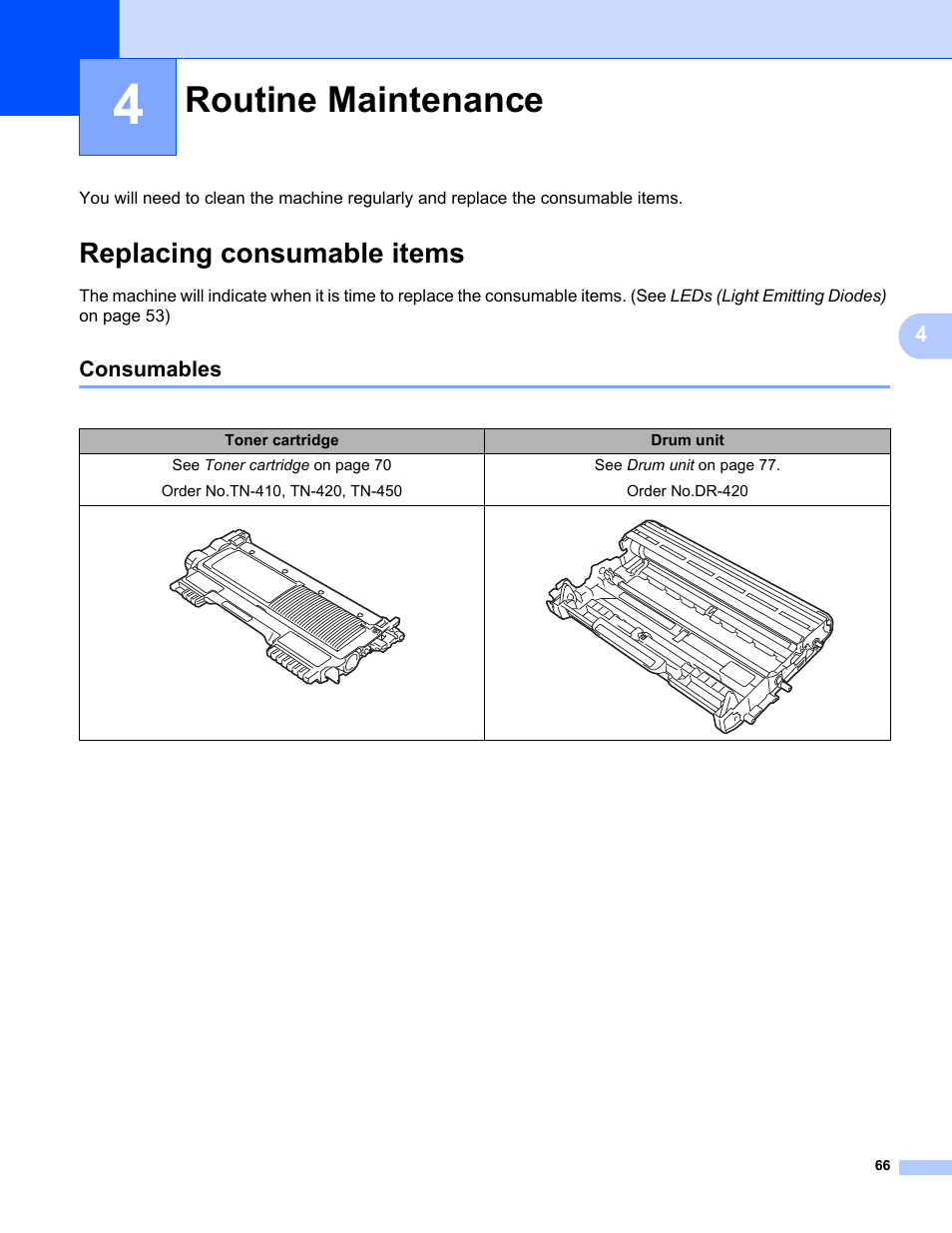 4 routine maintenance, Replacing consumable items, Consumables | Routine maintenance | Brother HL 2270DW User Manual | Page 70 / 150