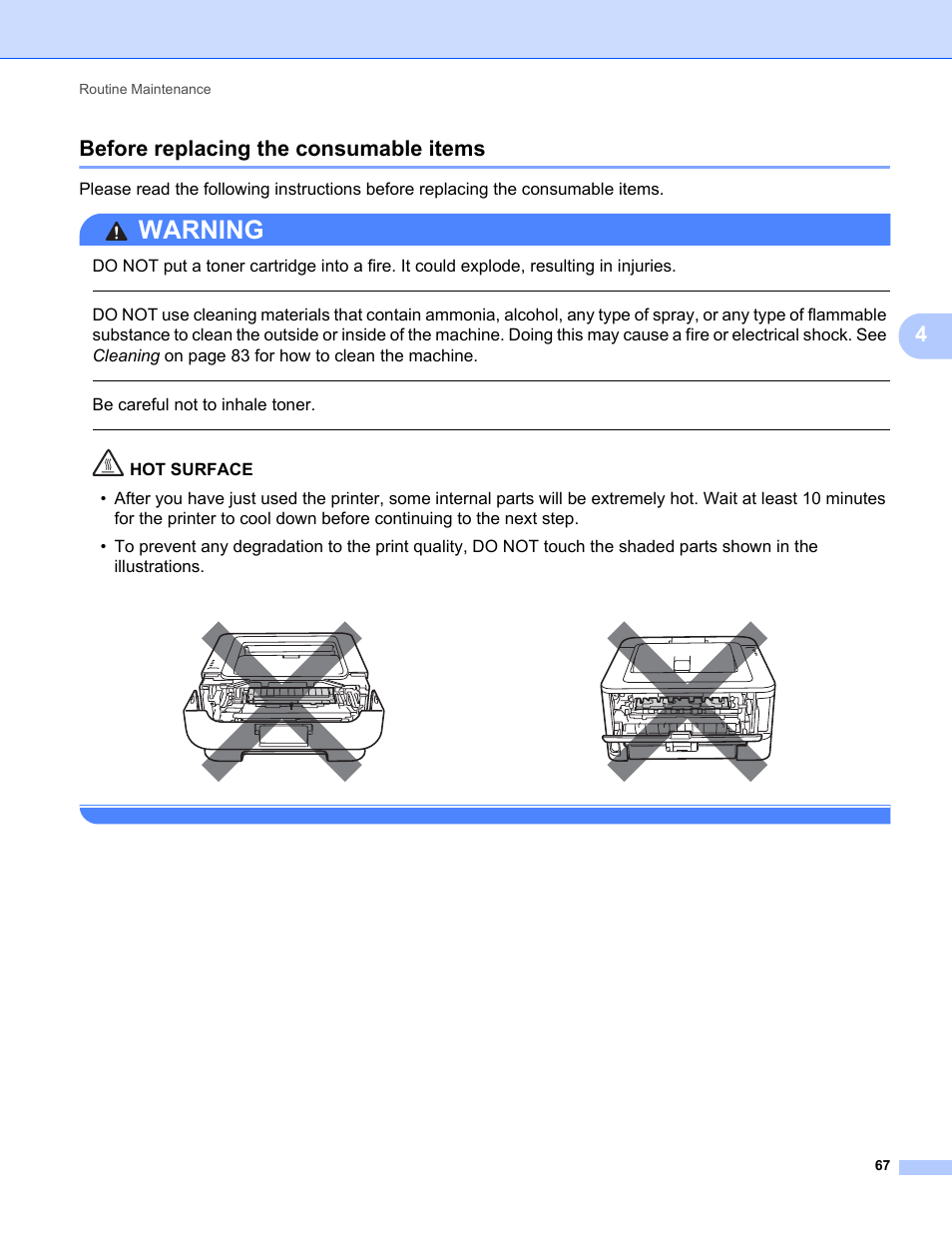 Before replacing the consumable items, Warning, 4before replacing the consumable items | Be careful not to inhale toner | Brother HL 2270DW User Manual | Page 71 / 150