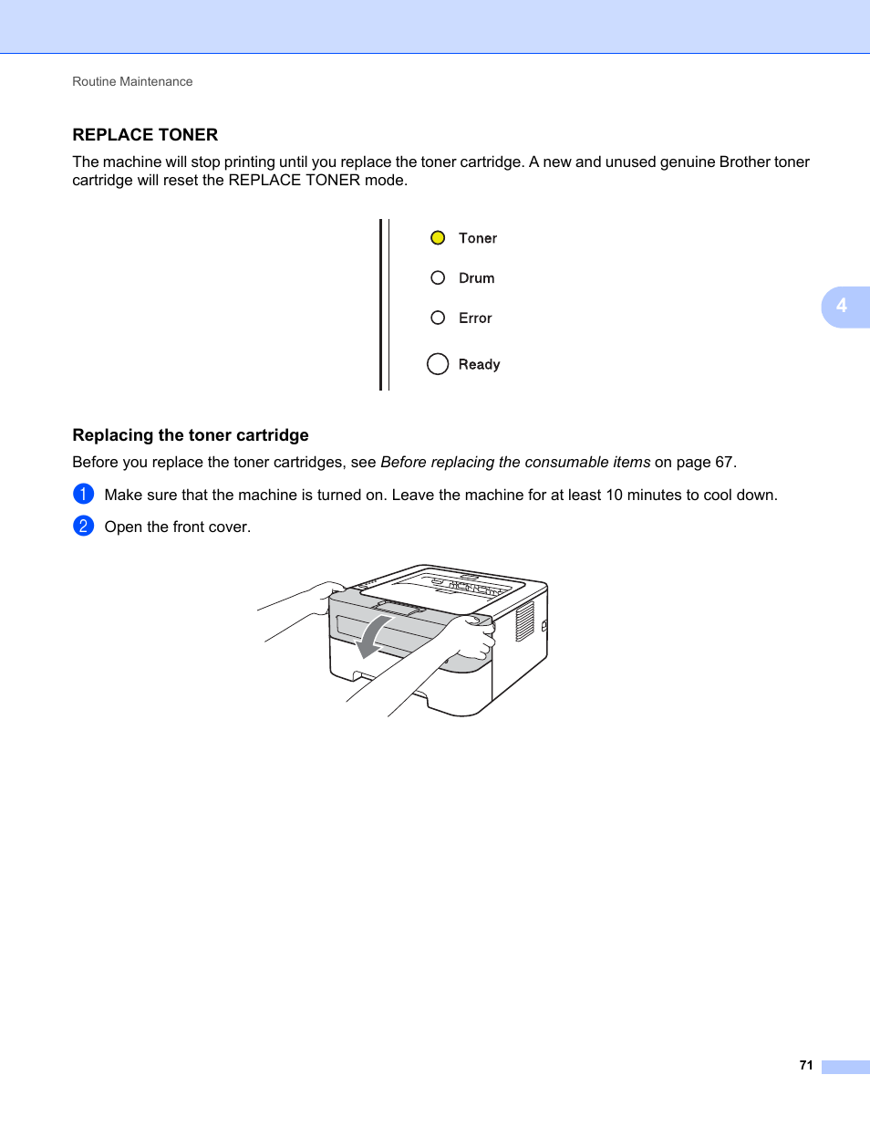 Replace toner, Replacing the toner cartridge | Brother HL 2270DW User Manual | Page 75 / 150