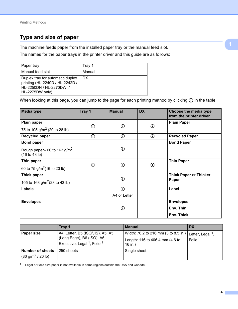 Type and size of paper, 1type and size of paper | Brother HL 2270DW User Manual | Page 8 / 150