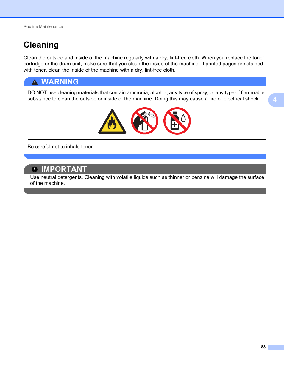 Cleaning, Warning, Important | Be careful not to inhale toner | Brother HL 2270DW User Manual | Page 87 / 150
