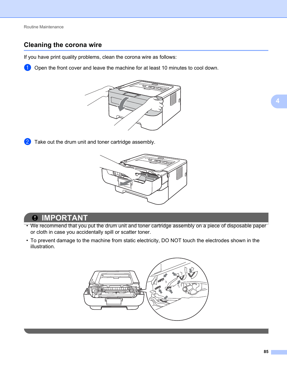 Cleaning the corona wire, Important, 4cleaning the corona wire | Brother HL 2270DW User Manual | Page 89 / 150