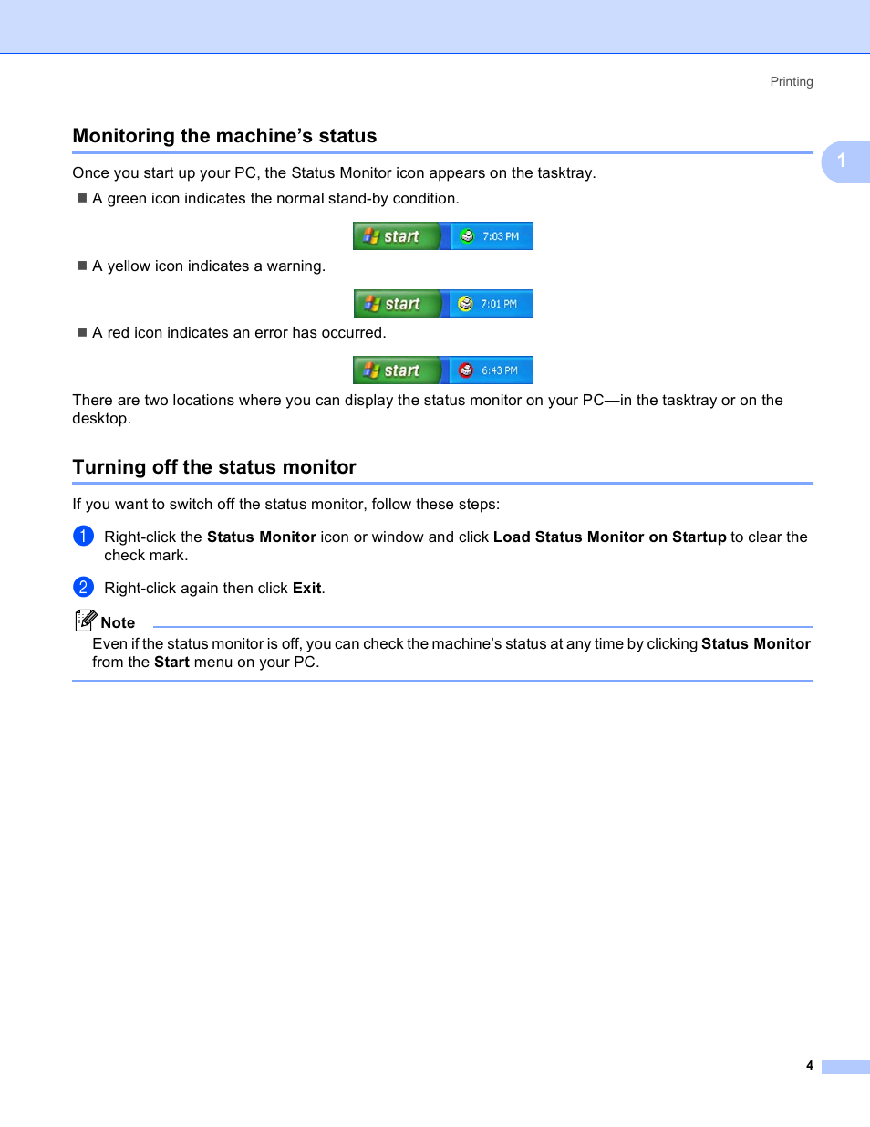 Monitoring the machine’s status, Turning off the status monitor, 1monitoring the machine’s status | Brother MFC-230C User Manual | Page 10 / 168