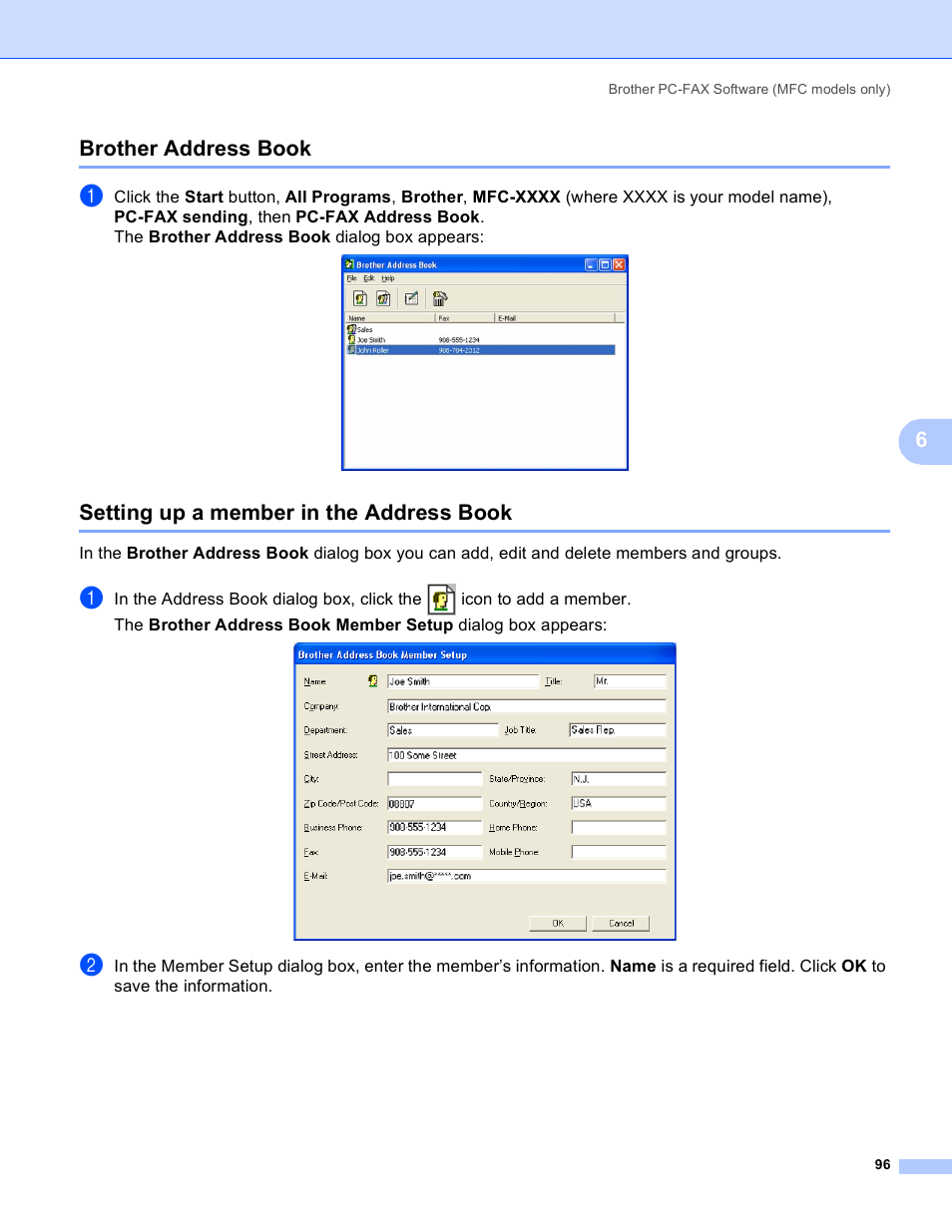 Brother address book, Setting up a member in the address book, 6brother address book | Brother MFC-230C User Manual | Page 102 / 168