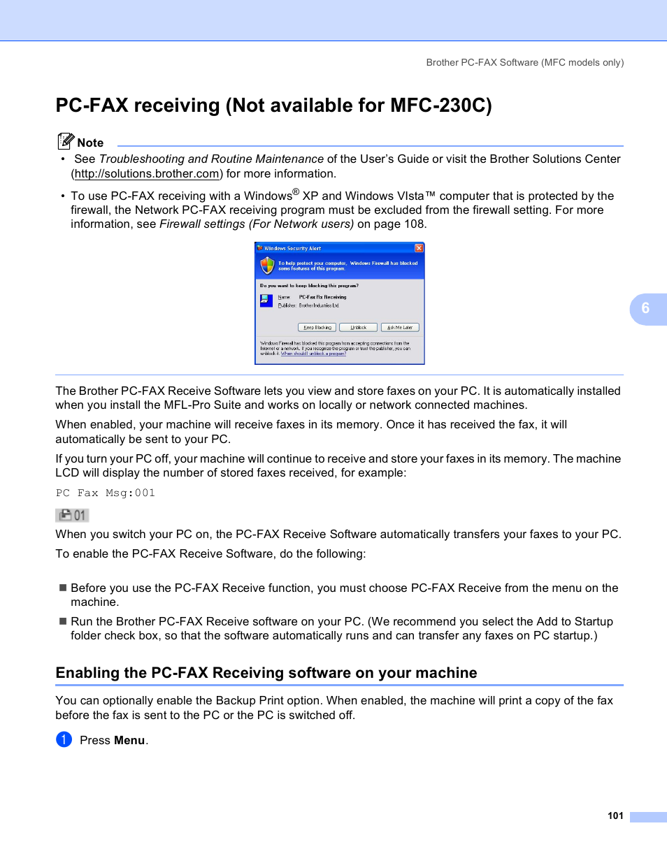 Pc-fax receiving (not available for mfc-230c) | Brother MFC-230C User Manual | Page 107 / 168