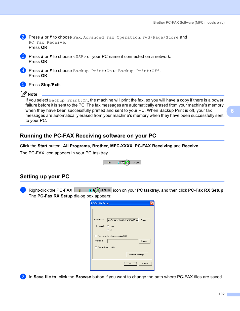 Running the pc-fax receiving software on your pc, Setting up your pc | Brother MFC-230C User Manual | Page 108 / 168