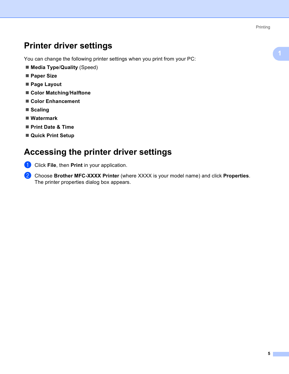 Printer driver settings, Accessing the printer driver settings | Brother MFC-230C User Manual | Page 11 / 168